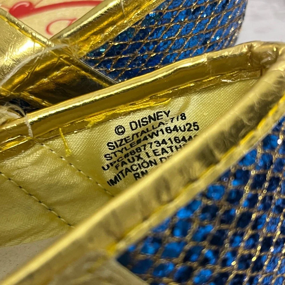 Disney Snow White Girls Blue Glitter Mary Jane Flats Gold Bow Shoes Size 7/8
